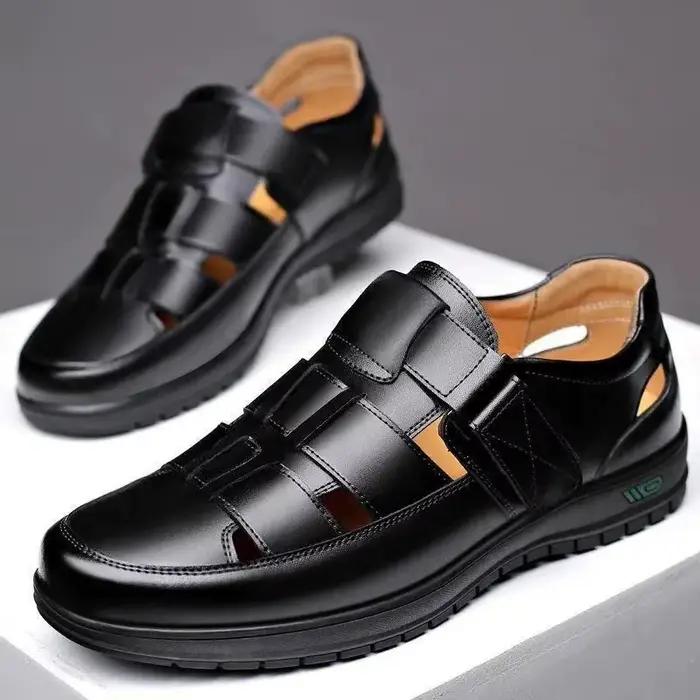 Chaussures en cuir pour hommes 2026 – Sandales d'été décontractées et habillées à talons hauts, semelle souple antidérapante – Chaussures de luxe en cuir noir