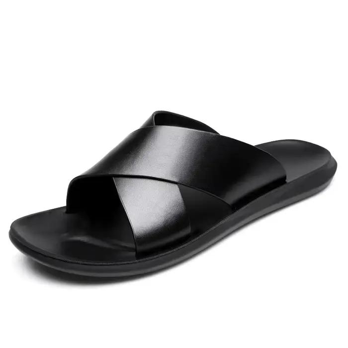 Sandales pour hommes pantoufles en cuir véritable marque de luxe mode chaussures plates pour homme décontracté antidérapant plage Sandalia Zapatos Hombre 2024