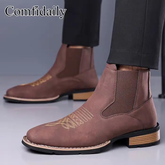 Bottines Chelsea pour hommes, style britannique rétro, confortables, antidérapantes, en cuir, pour toutes les saisons - 90223