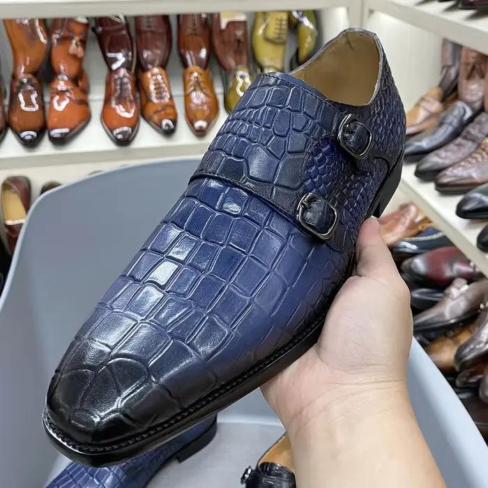 Chaussures formelles pour hommes en cuir de vache véritable motif Crocodile chaussure de moine chaussures Oxford Double boucle chaussures formelles d'affaires taille 38-47