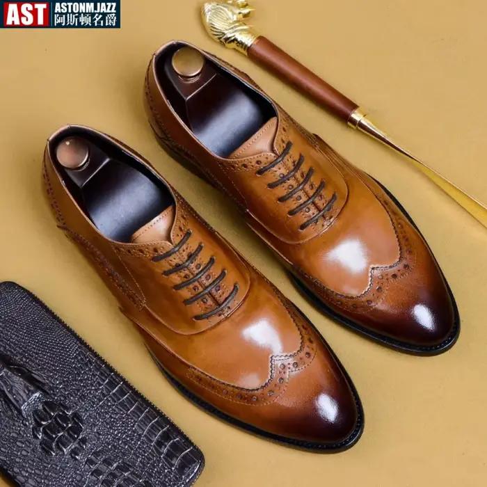 Chaussures en cuir Brogues classiques pour hommes cuir véritable de luxe bout pointu occasionnels mariage office événements formels