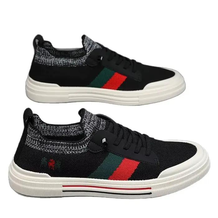Chaussures décontractées pour hommes en maille respirante, à rayures brodées beige, vertes et rouges, légères et antidérapantes pour la marche