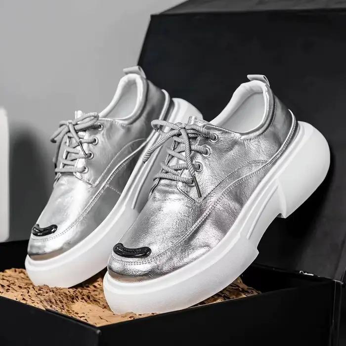 Chaussures de luxe argentées pour hommes, baskets légères et résistantes à l'usure, à plateforme rehaussante, à la mode