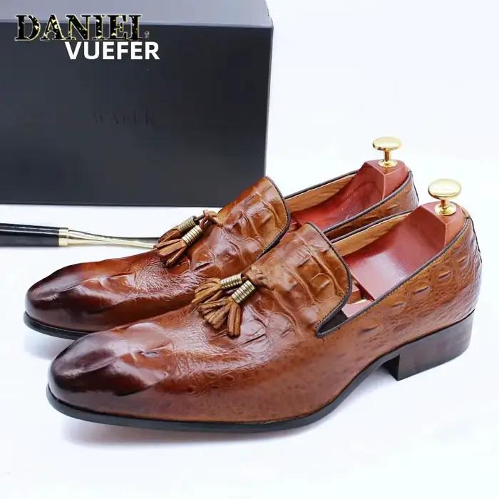 Mocassins en cuir à imprimé crocodile pour hommes, chaussures décontractées, mocassins marron et noir, bureau, robe de mariée, luxe, été