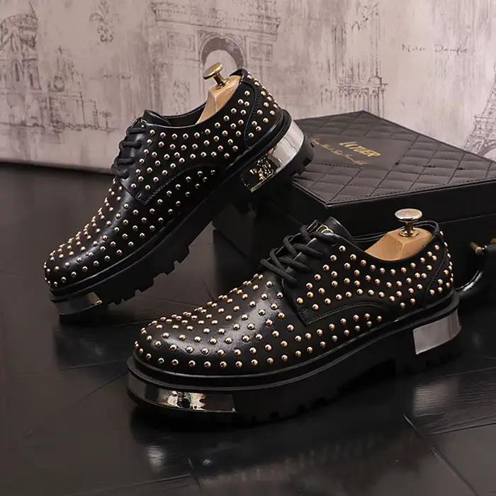 Chaussures décontractées homme en cuir fendu avec lacets, motif vichy, semelles en caoutchouc pour homme, style punk rock, occassions spéciales et quotidiennes
