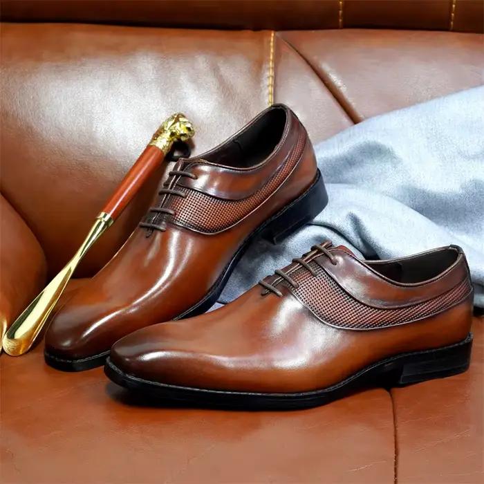 Chaussures Oxford haut de gamme pour hommes, en cuir véritable, faites à la main, à lacets, à bout pointu, chaussures d'affaires pour fête de mariage