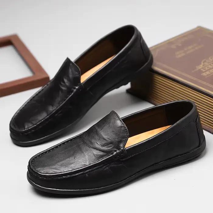 Mocassins italiens en cuir véritable pour hommes, chaussures de marque de luxe décontractées, respirantes, à enfiler, chaussures de conduite