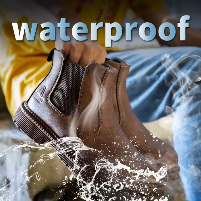 Chaussures de travail de sécurité imperméables pour hommes, bottes en cuir à tête en acier, chaussures de travail de Construction indestructibles marron