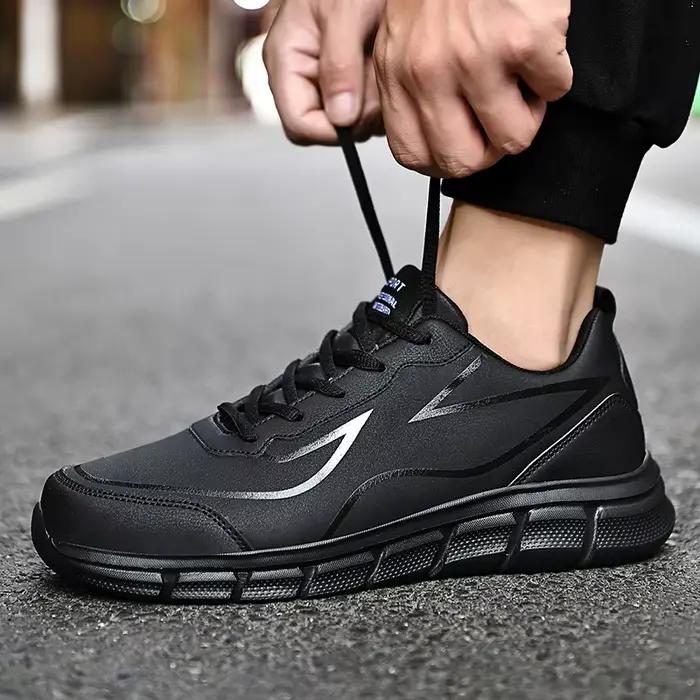Chaussures de course imperméables en cuir noir pour hommes