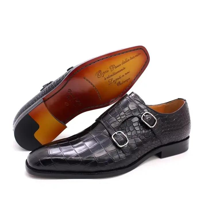 Chaussures formelles pour hommes en cuir de vache véritable motif Crocodile chaussure de moine chaussures Oxford Double boucle chaussures formelles d'affaires taille 38-47