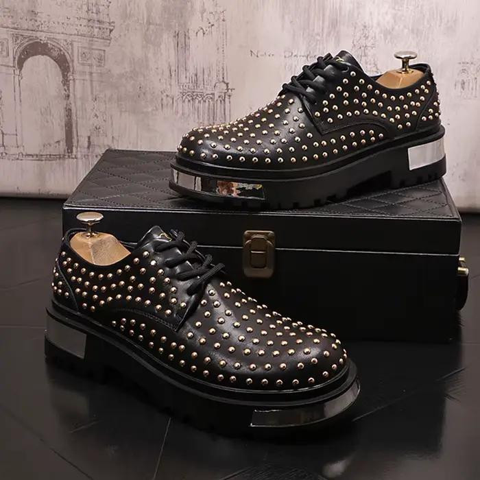 Chaussures décontractées homme en cuir fendu avec lacets, motif vichy, semelles en caoutchouc pour homme, style punk rock, occassions spéciales et quotidiennes