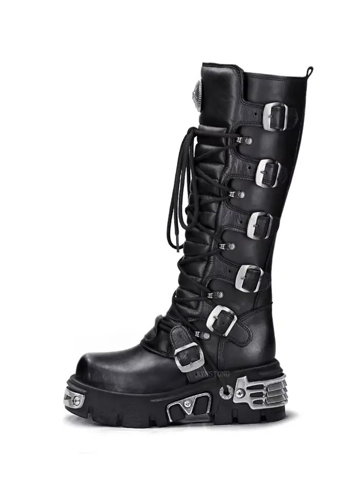 Rock Punk moto bottes genou haute Style foncé bout rond fond épais en cuir véritable couleur unie mode Sexy femmes chaussures nouveau