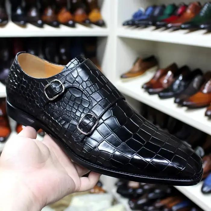 Chaussures formelles pour hommes en cuir de vache véritable motif Crocodile chaussure de moine chaussures Oxford Double boucle chaussures formelles d'affaires taille 38-47