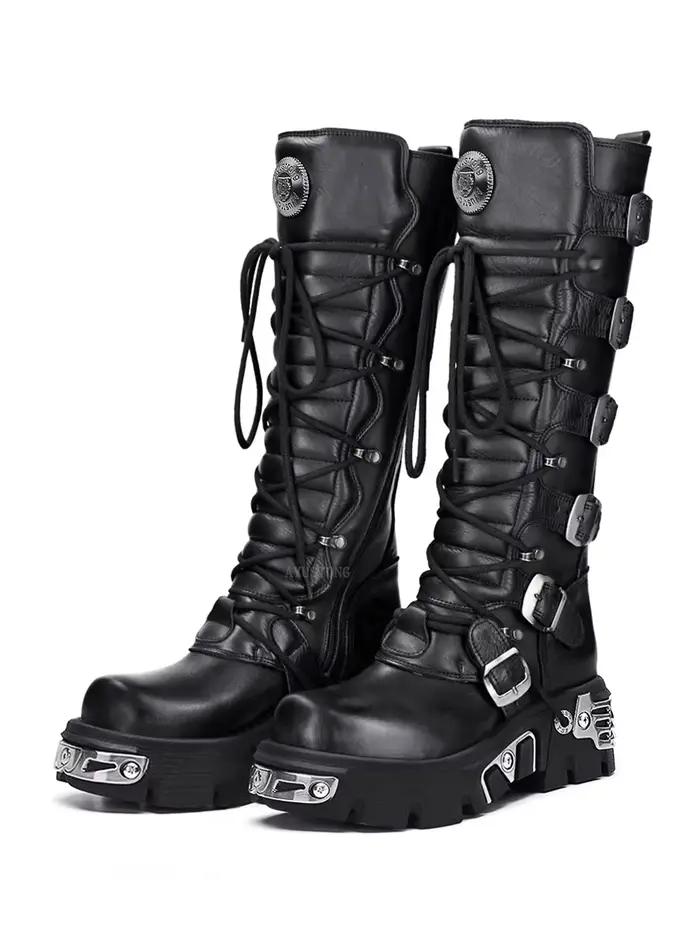 Rock Punk moto bottes genou haute Style foncé bout rond fond épais en cuir véritable couleur unie mode Sexy femmes chaussures nouveau