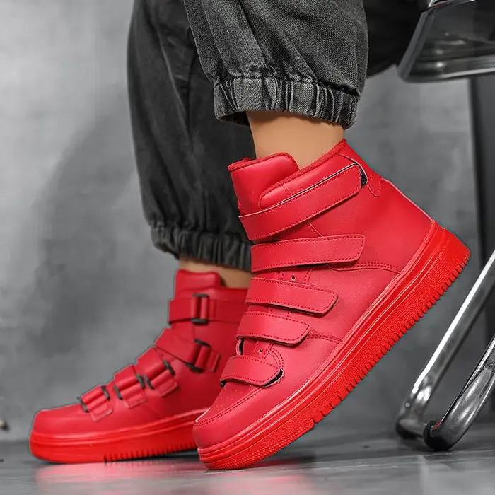 Baskets montantes en cuir artificiel pour hommes, chaussures respirantes et robustes, baskets décontractées et élégantes pour skaters et amoureux de la mode, chaussures plates canisées pour hommes, baskets rouges pour occasions spéciales