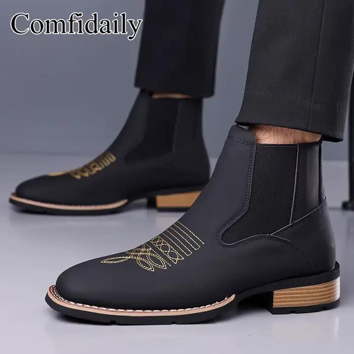Bottines Chelsea pour hommes, style britannique rétro, confortables, antidérapantes, en cuir, pour toutes les saisons - 90223