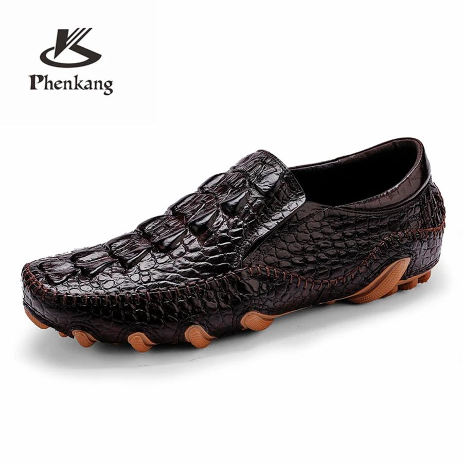 Phenkang hommes en cuir véritable été Alligator Texture Slip-On chaussures décontractées hommes moca