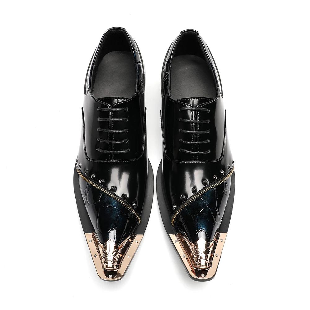 Zapatos-Chaussures provoqué pointues en métal noir pour hommes, Brogues en cuir véritable pour homme