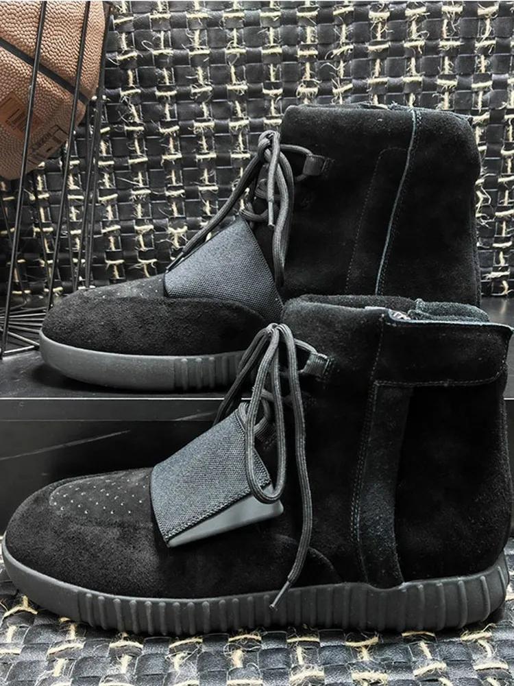 Nouveaux hommes moto équitation confortable ventiler bout rond mi talon vache daim cuir chaussures d