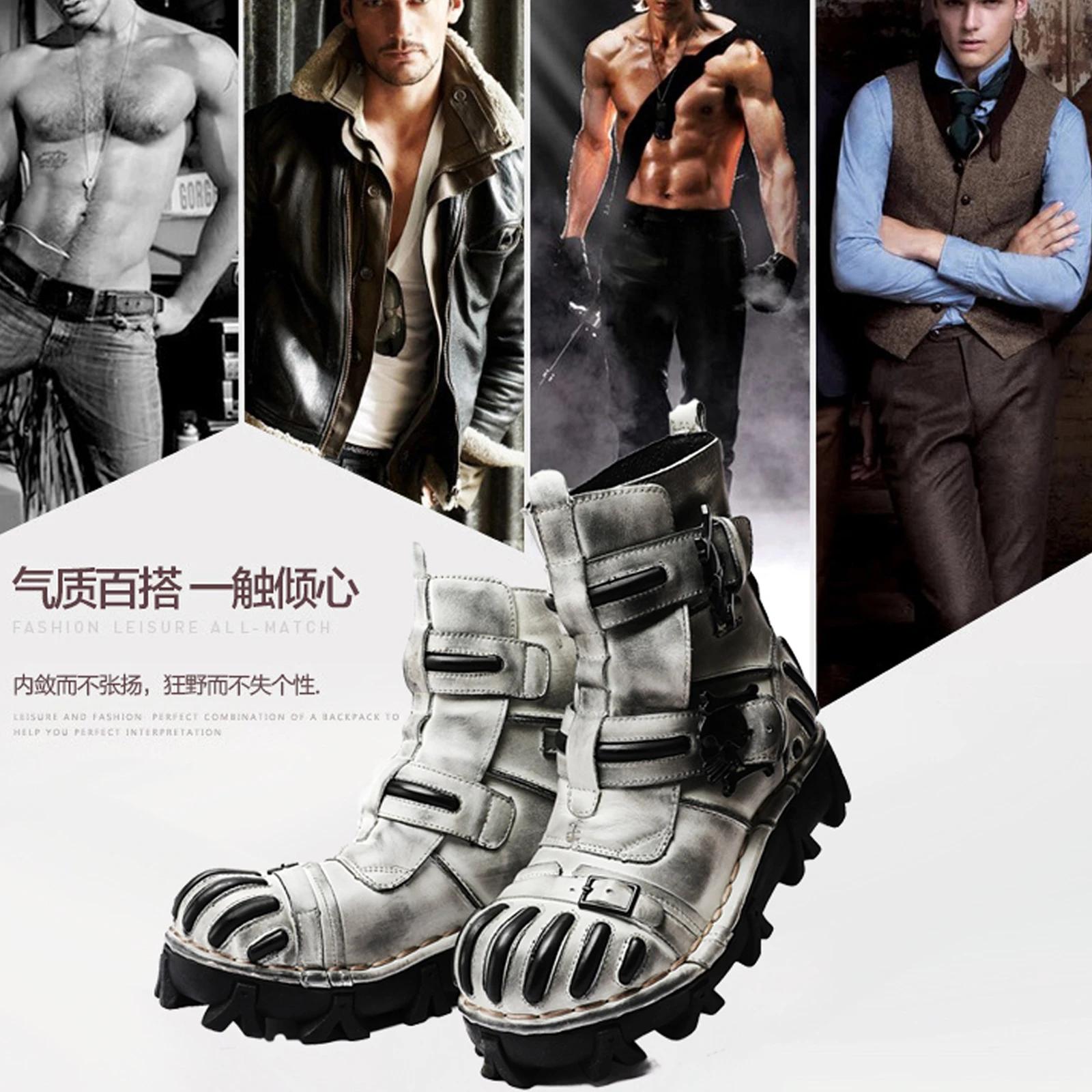 Bottes de moto rétro en cuir véritable pour hommes, mi-mollet, DulHigh Top, Western Riding, Gothic S