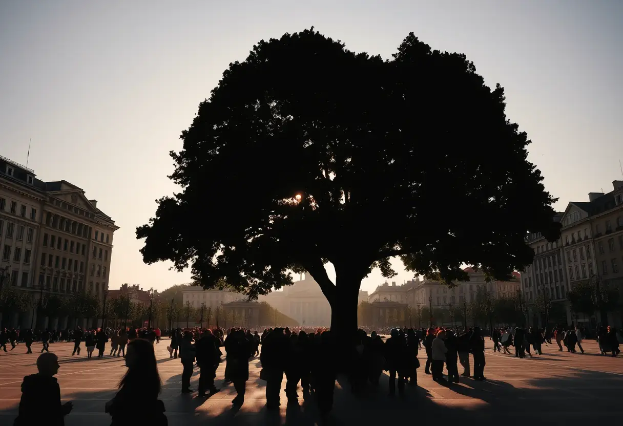 Des silhouettes de personnes rassemblées sous un grand arbre dans une place de la ville à Agen