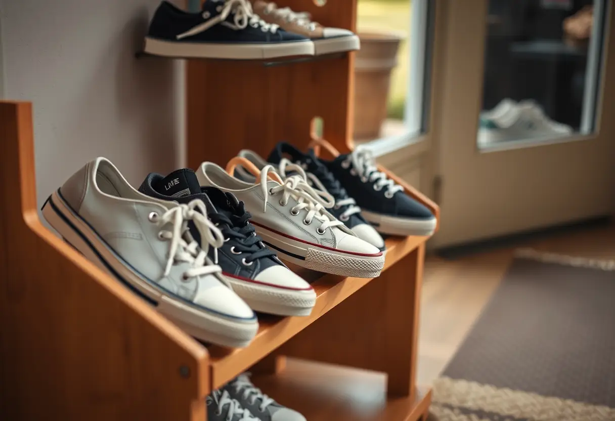 Étagère de chaussures près de la porte donnant sur l'extérieur