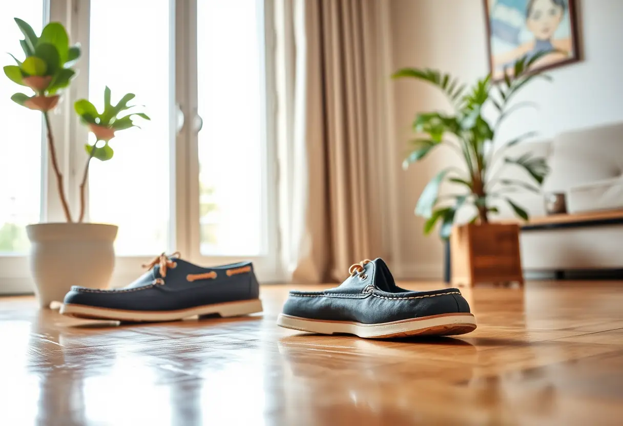 Chaussures bateau sur le plancher en bois dans un salon