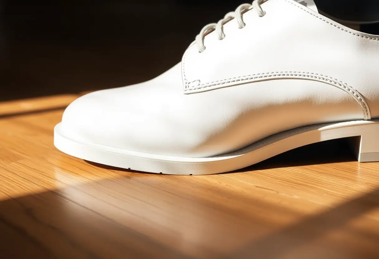 Chaussure blanche oxford sur plancher en bois