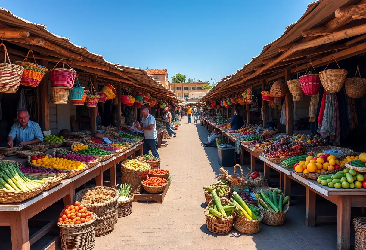 Un marché animé avec des paniers tissés et des produits frais à Constantine