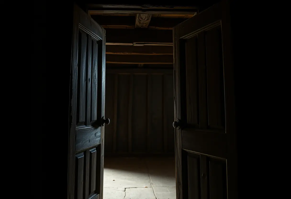 Porte en bois ancienne partiellement ouverte révélant un intérieur sombre avec poutres