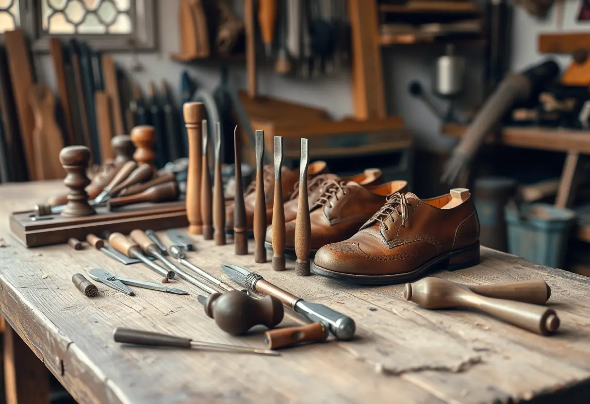 Outils de cordonnerie alignés sur une table rustique