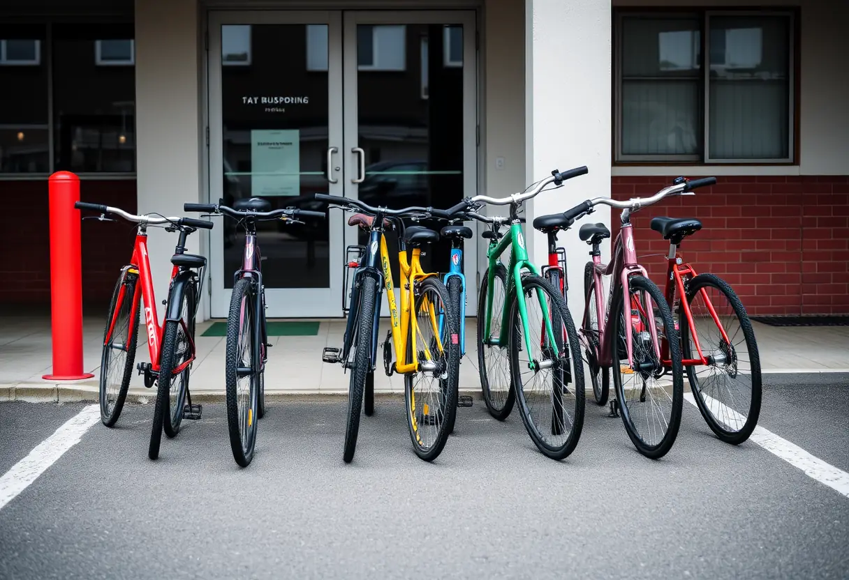 Bicycles rangées près de l'entrée principale du parking, cadres colorés sur fond gris