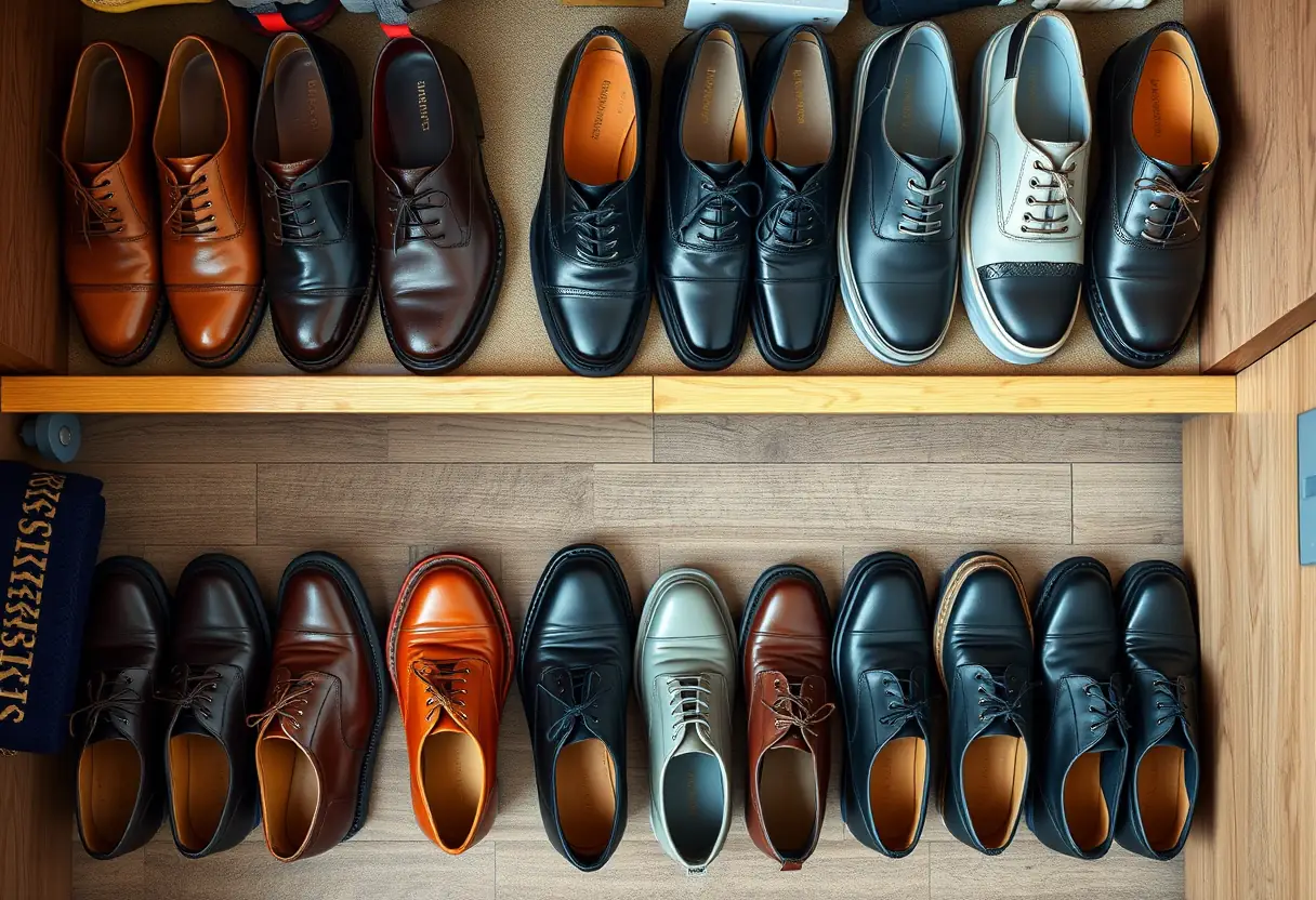 vue d'ensemble d'un placard avec des rangées de chaussures soigneusement organisées