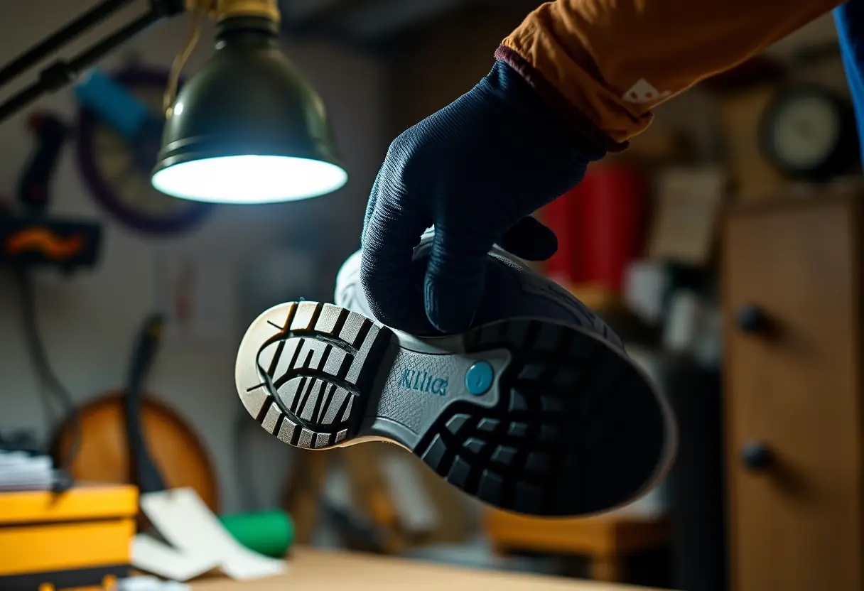 Une main gantée examine minutieusement la semelle d'une chaussure