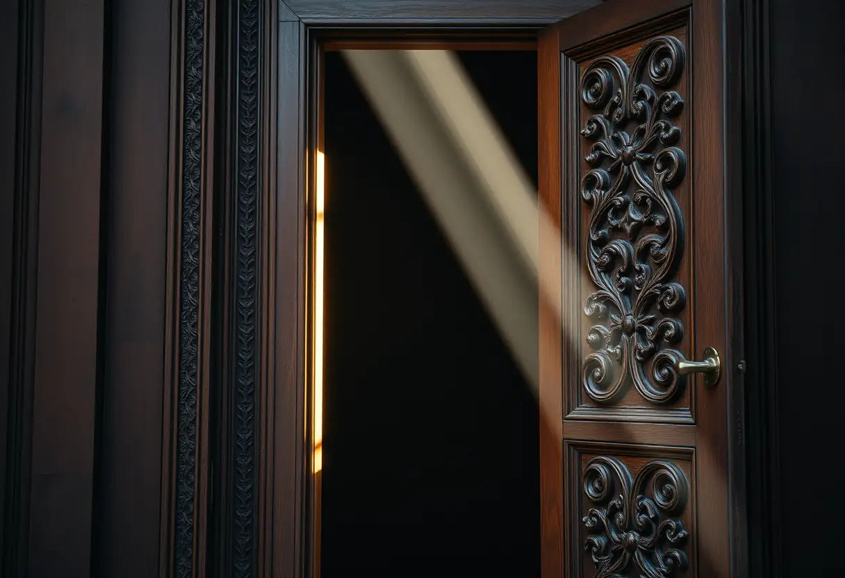 Porte ancienne sculptée éclairée par la lumière du soir