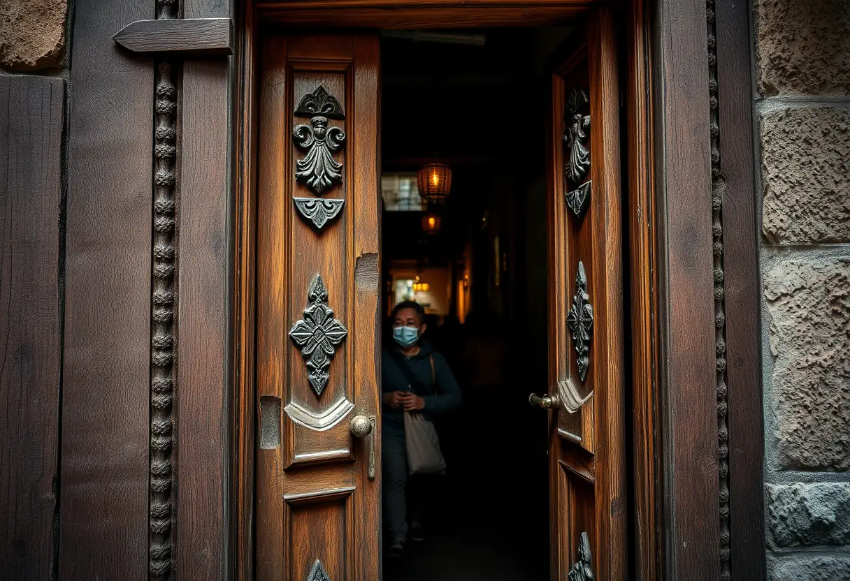 Porte en bois ancienne avec des sculptures détaillées dans une rue étroite