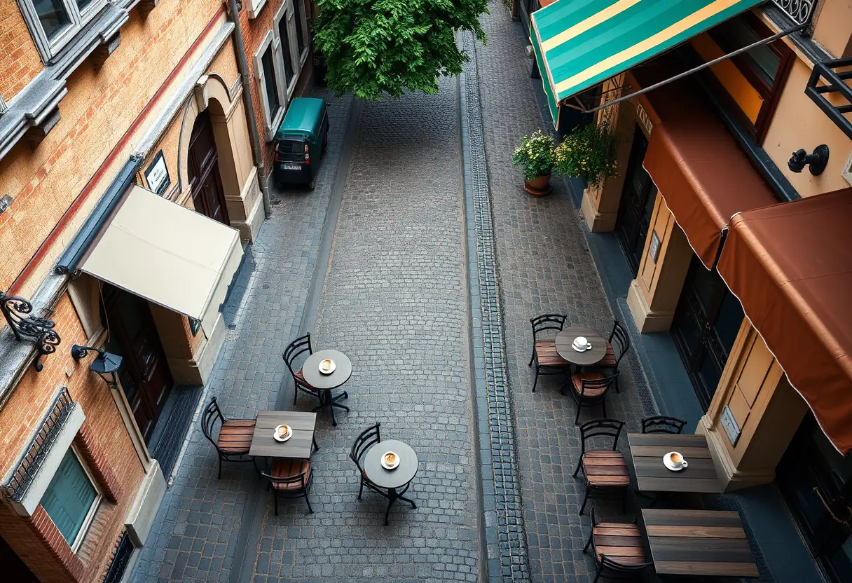 Rue pavée avec terrasses de cafés à Rennes